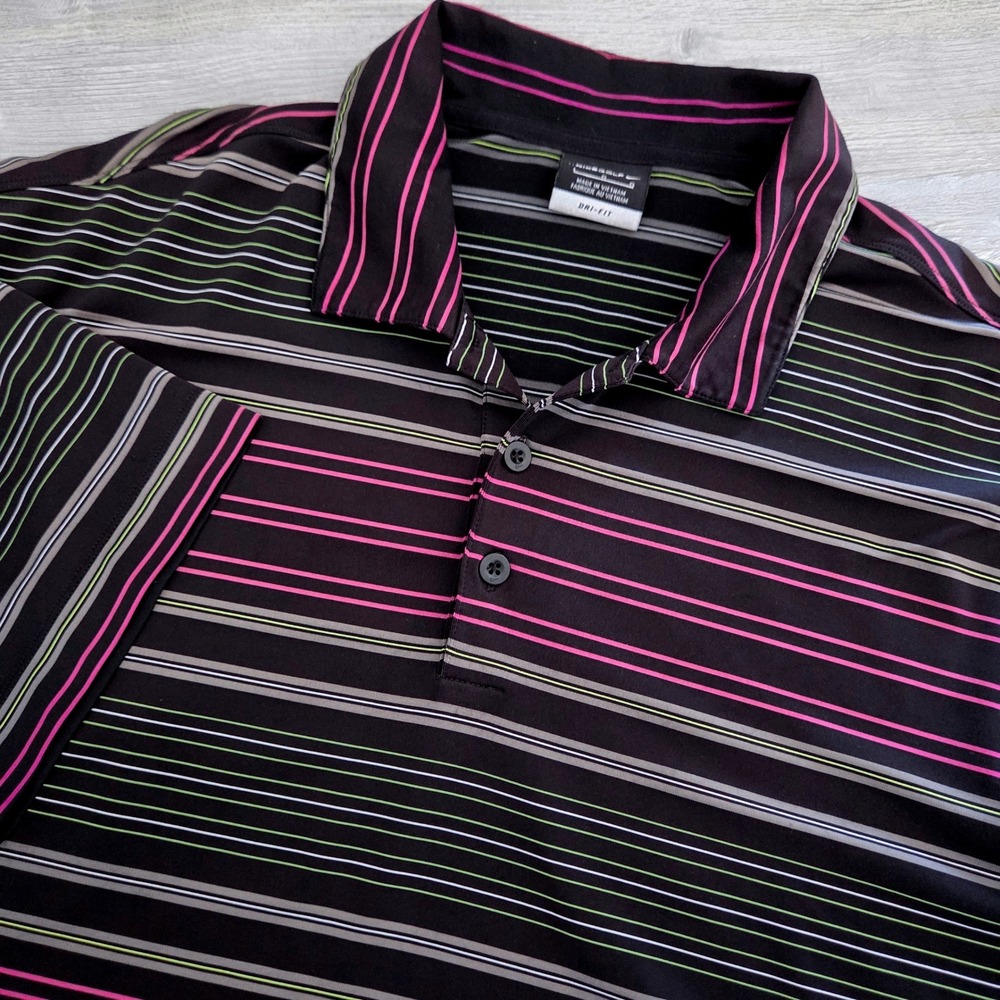 Nike Golf Polo Shirt Black Pink Lime Green Striped Dri-FIT Mens Large